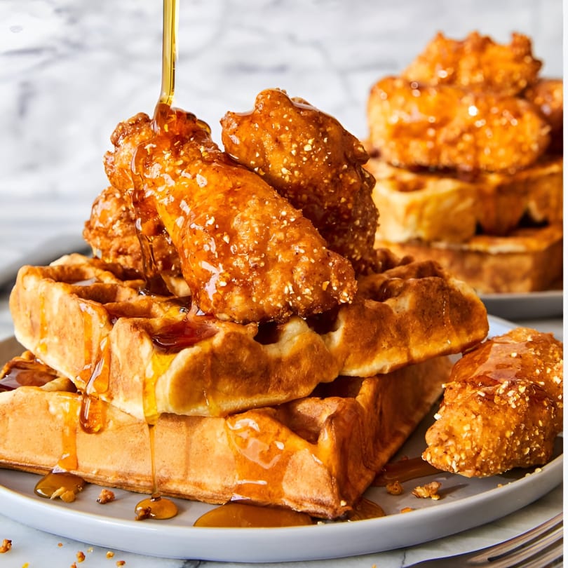 Golden fried chicken and waffles drizzled with syrup on a gray plate.