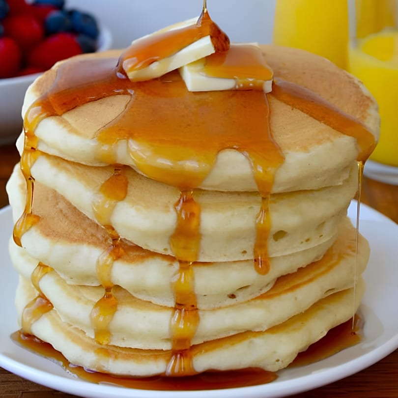 A stack of golden pancakes with melting butter and dripping syrup, alongside berries and orange juice.